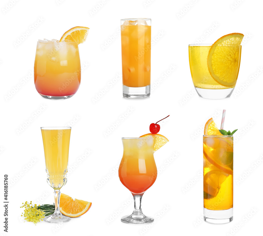 Set with delicious Mimosa cocktails on white background Set with delicious Mimosa cocktails on white background
