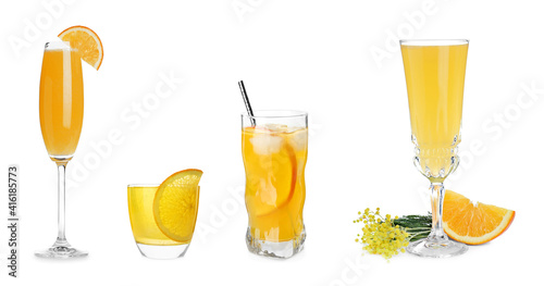 Slika na platnu Set with delicious Mimosa cocktails on white background, banner design
