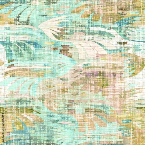 Rustic mottled linen woven texture. Seamless printed fabric pattern. Tropical pastel coastal style. Interior textile background. Mottled colorful peach green dye stains. Soft rustic summer home decor © Nautical