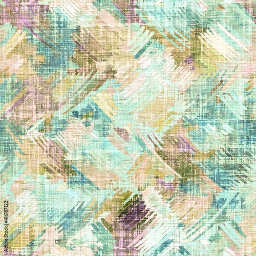 Rustic mottled linen woven texture. Seamless printed fabric pattern. Tropical pastel coastal style. Interior textile background. Mottled colorful peach green dye stains. Soft rustic summer home decor
