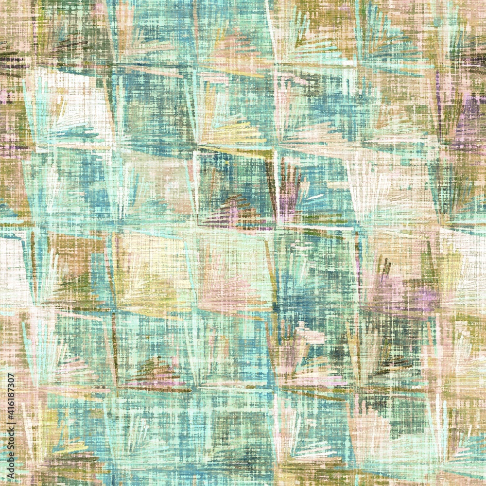 Rustic mottled linen woven texture. Seamless printed fabric pattern. Tropical pastel coastal style. Interior textile background. Mottled colorful peach green dye stains. Soft rustic summer home decor
