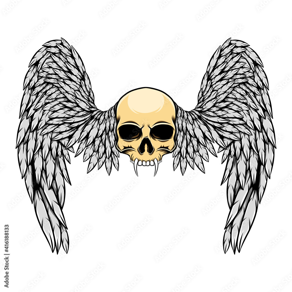 Fototapeta premium The hand draw of the dead skull human with the sharp fangs and wings