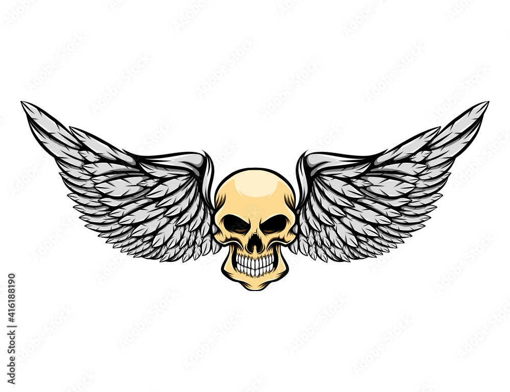 Fototapeta premium The scary human skull without eyes and the long wings
