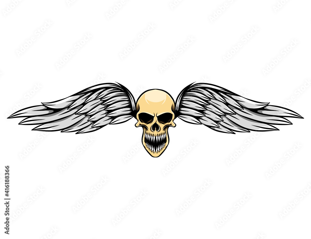 Naklejka premium The hand draw of the dead skull with wings is laughing