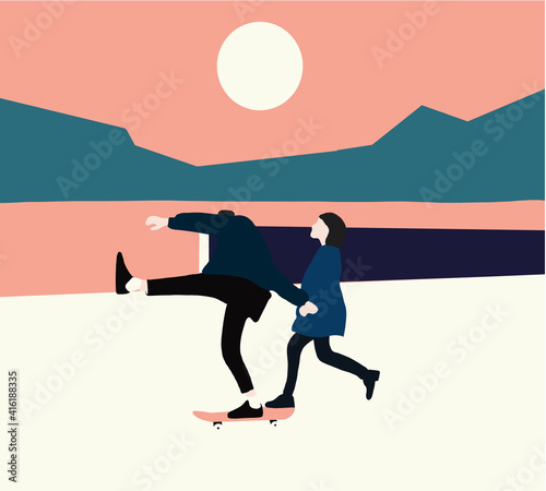 Loving Young couple having fun with skateboard on the road. Young man and woman skating together in high contrast color. Vector illustration.