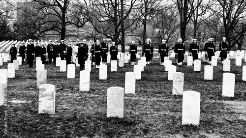 Military funeral at Arlington Cemetery black and white
