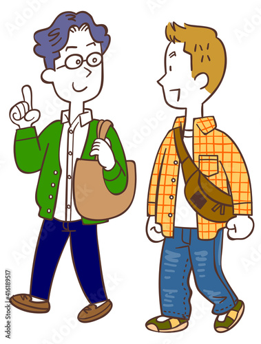 会話しながら歩く若い男性たち

