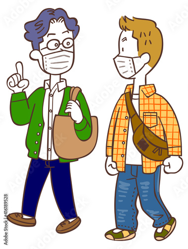 マスクを着用して会話しながら歩く若い男性たち
