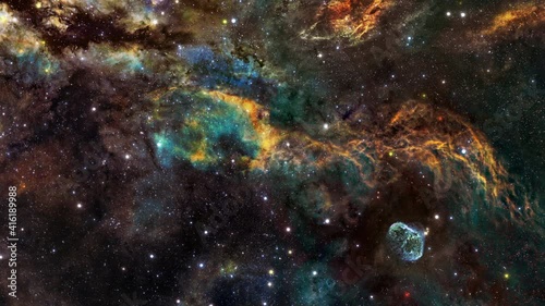 The Crescent Nebula Space Flight exploration on deep space. 4K 3D Flight Into the Crescent Nebula  NGC 6888,  emission nebula in the emission-rich constellation Cygnus. Furnished by NASA images.