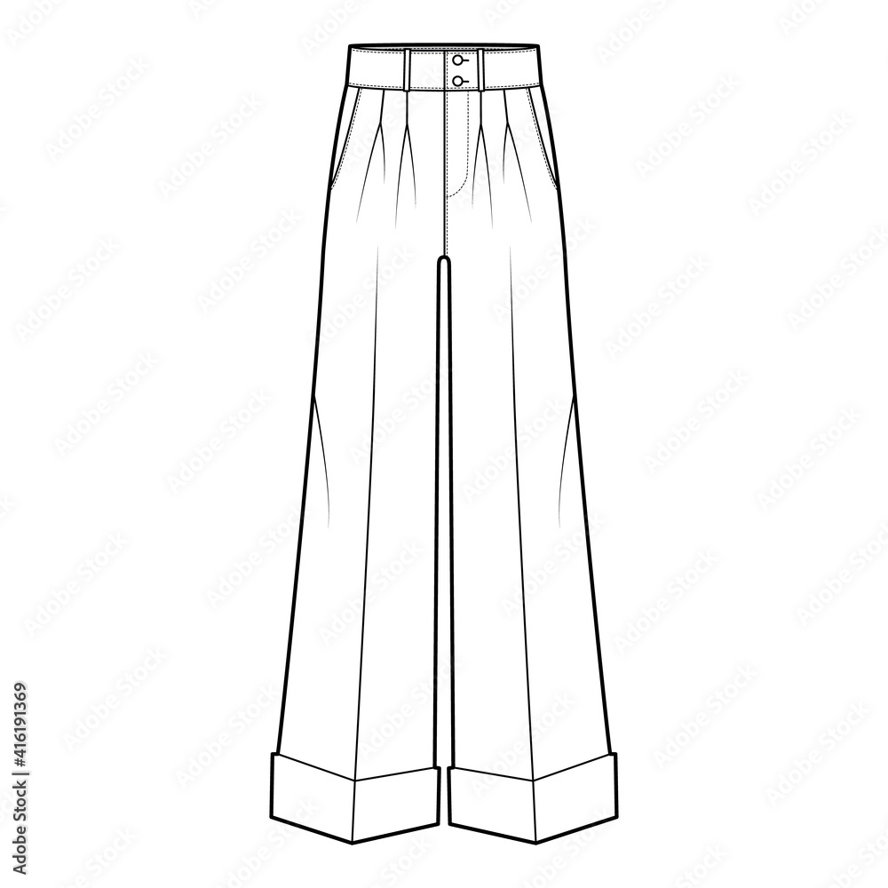 Pants oxford tailored technical fashion illustration with low waist, rise, full length, double pleat, slant slashed jetted pockets. Flat trousers apparel template front, white color. Women men CAD Pants oxford tailored technical fashion illustration with low waist, rise, full length, double pleat, slant slashed jetted pockets. Flat trousers apparel template front, white color. Women men CAD