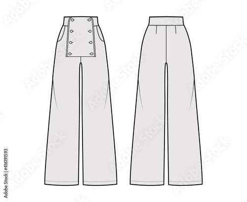 Set of Pants sailor technical fashion illustration with normal waist, high rise, full length, pockets, front buttons. Flat trousers bottom apparel template back, grey color. Women, men, unisex CAD