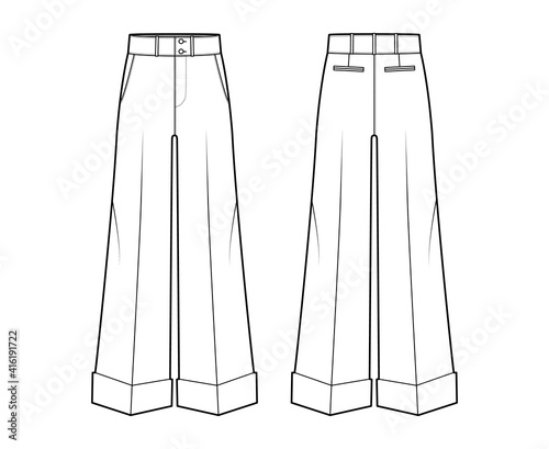 Pants oxford tailored technical fashion illustration with low waist, rise, full length, slant slashed jetted pockets. Flat trousers apparel template front back white color. Women men unisex CAD mockup