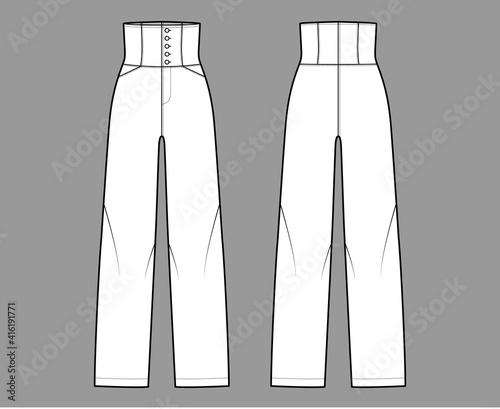 Pants high-waisted technical fashion illustration with full length, pockets, bottom closure, round pockets. Flat trousers bottom apparel template front, back, white color. Women, men unisex CAD mockup