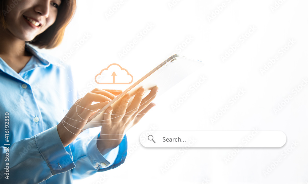 Portrait of beautiful woman leadership with illustration cloud icon graphs and create agreements on tablet in the organization. Business leader in the office. Successful projects and congratulation Portrait of beautiful woman leadership with illustration cloud icon graphs and create agreements on tablet in the organization. Business leader in the office. Successful projects and congratulation
