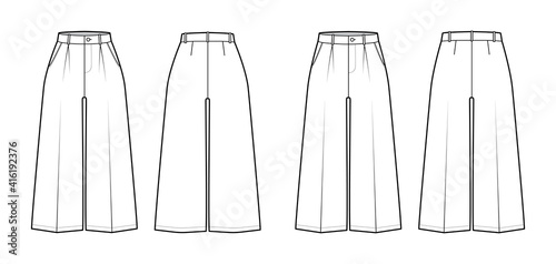 Set of Pants capri technical fashion illustration with low normal waist, high rise, mid-calf length, wide legs, seam pockets. Flat trousers apparel template back, white color. Women, unisex CAD mockup