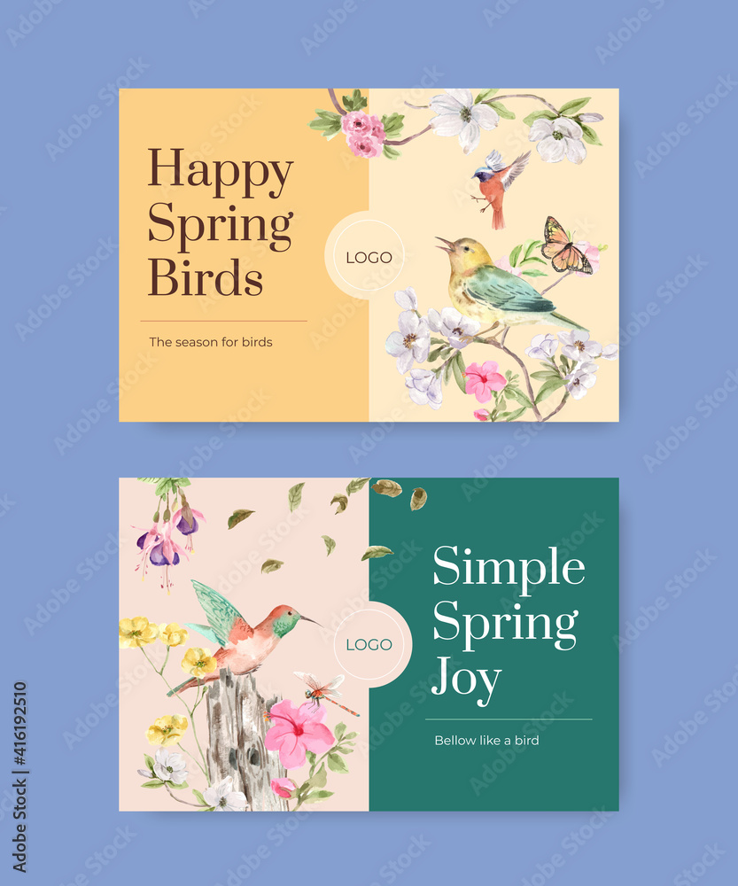 Facebook template with spring and bird concept design for social media and community watercolor illustration