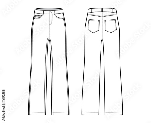 Jeans Denim pants technical fashion illustration with full length, low waist, rise, 5 pockets, belt loops. Flat bottom apparel template front, back, white color style. Women, men, unisex CAD mockup