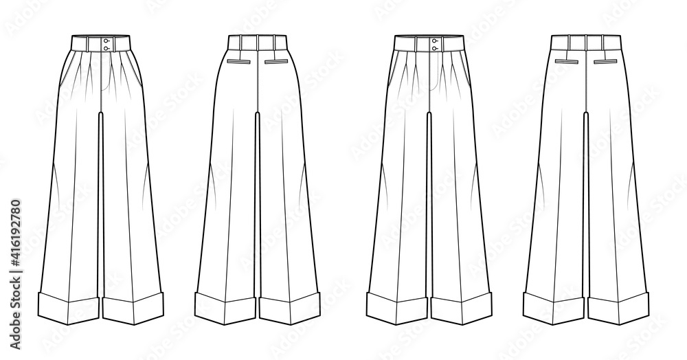 Set of Pants oxford tailored technical fashion illustration with normal low waist, high rise, single double pleat. Flat trousers apparel template front, back white color. Women men unisex CAD mockup Set of Pants oxford tailored technical fashion illustration with normal low waist, high rise, single double pleat. Flat trousers apparel template front, back white color. Women men unisex CAD mockup