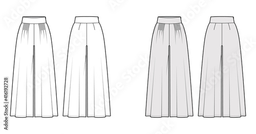 Pants gaucho technical fashion illustration with low waist, rise, pleated, ankle cropped length, seam pockets. Flat trousers bottom apparel template back, white grey color. Women men unisex CAD mockup