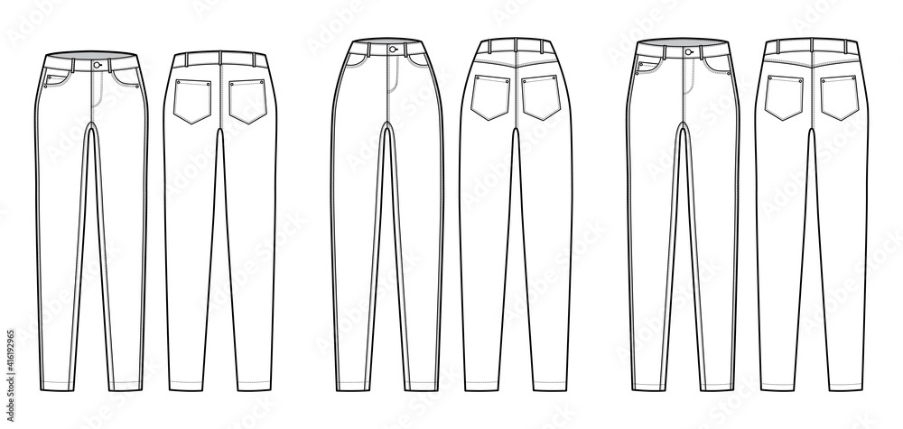 Set of Jeans tapered Denim pants technical fashion illustration with full  length, normal low waist, rise, 5 pockets, Rivets. Flat bottom template  front back, white color style. Women, men CAD mockup Stock