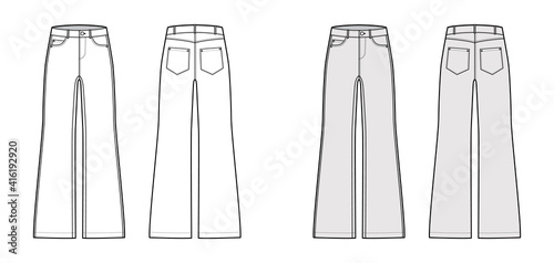 Set of Jeans wide leg Denim pants technical fashion illustration with full length, low waist, rise, Rivets. Flat bottom template front, back, white, grey color style. Women, men, unisex CAD mockup