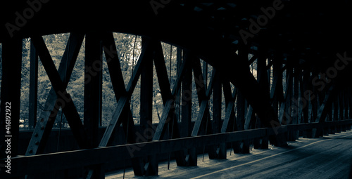 old timbers inside a covered bridge