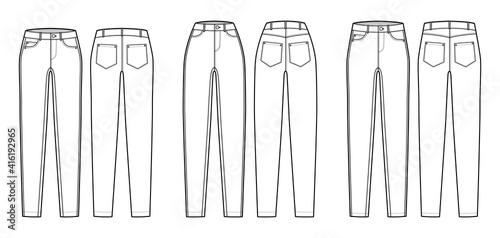 Set of Jeans tapered Denim pants technical fashion illustration with full length, normal low waist, rise, 5 pockets, Rivets. Flat bottom template front back, white color style. Women, men CAD mockup