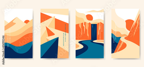 Trendy set of creative landscape mountain shape contemporary art in vintage background template