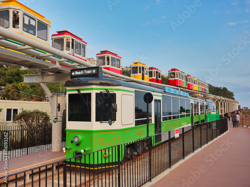 Haeundae Beach Train Running on Railway, Busan, South Korea Asia.