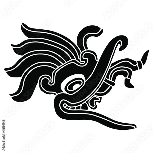 Head of fantastic monster with open mouth. Native American art of Maya Indians. Black and white silhouette.