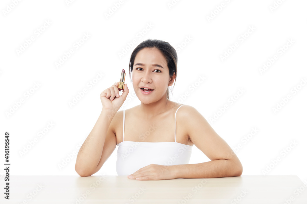 Portrait beautiful young woman with makeup lipstick Portrait beautiful young woman with makeup lipstick
