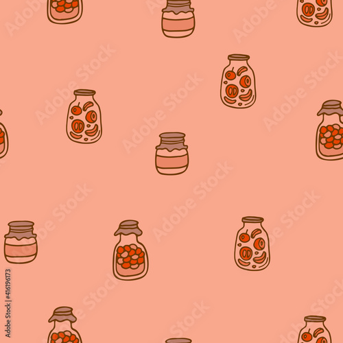 Pickle bottles seamless pattern.Home made Canned vegetables pattern.jam jars pattern.stewed fruit pattern.Cute seamless pattern with the jam jars.pattern for labels,wrap, cover,flyers,wrapping paper.