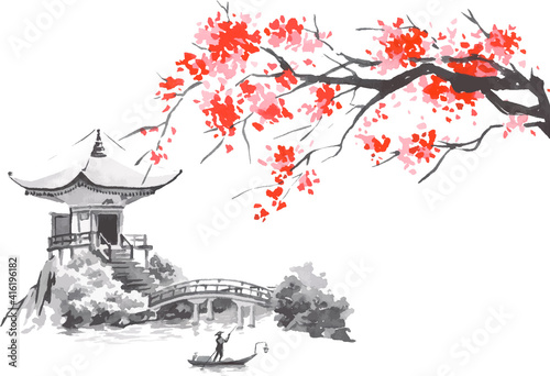 Japan traditional sumi-e painting. Fuji mountain, sakura, sunset. Japan sun. Indian ink vector illustration. Japanese picture.