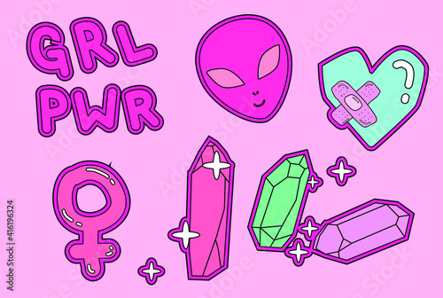 Set of cool girlish trendy stickers. Lettering of feminist slogan "GRL PWR" an abbreviation and short version of the "Girl Power".