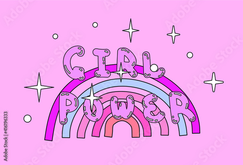 Girl power handwritten inscription in rounded font. Hand lettering of feminist slogan, phrase or quote. Modern vector illustration for t-shirt print, sticker or patch.