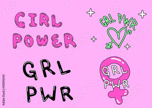 Set of cool girlish trendy stickers. Lettering of feminist slogan "GRL PWR" an abbreviation and short version of the "Girl Power".