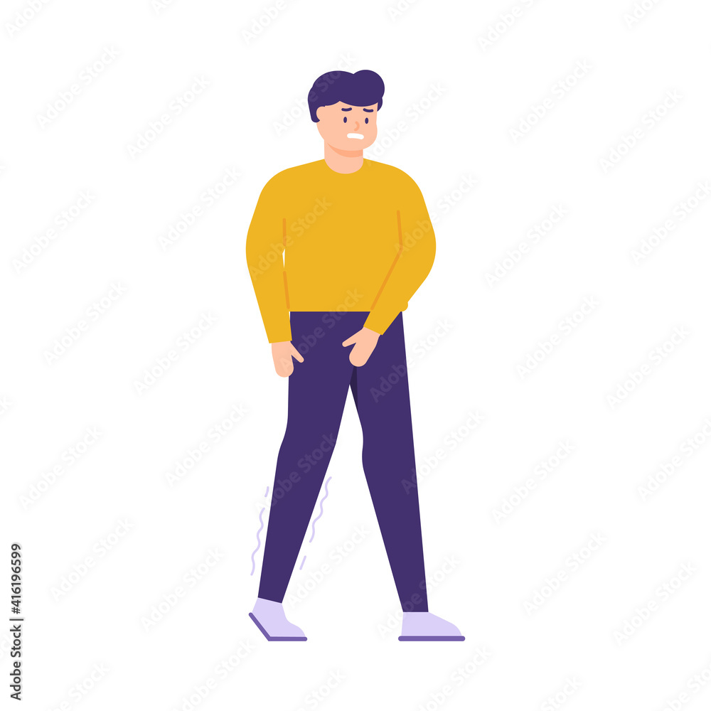 illustration of a man who is difficult to walk because he feels tingling or paresthesia, weakness, numbness, like being pricked by a needle. the expression on people face. flat style. vector design