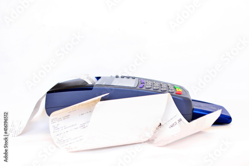 Pos payment terminal print long store receipt with qr code for purchase on white background. Isolated. Side view