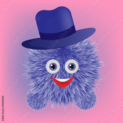 Fluffy cute realistic 3D soft toy with big eyes and beautiful hat. Funny cartoon monster.
