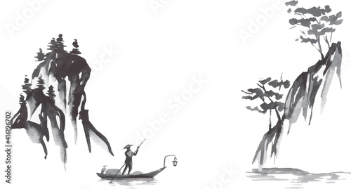 Japan traditional sumi-e painting. Fuji mountain, sakura, sunset. Japan sun. Indian ink vector illustration. Japanese picture.