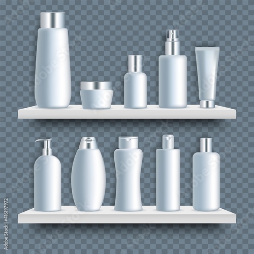 White blank bathroom cosmetic bottle mockup set, vector illustration. Realistic dispenser, spray, pump bottles on shelves. Packaging containers for cream, soap, lotion, shampoo other cosmetic products