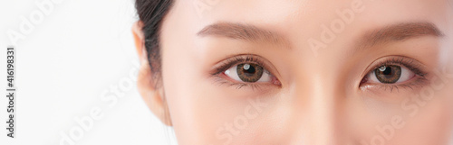 close up of beauty asia woman eye on white background