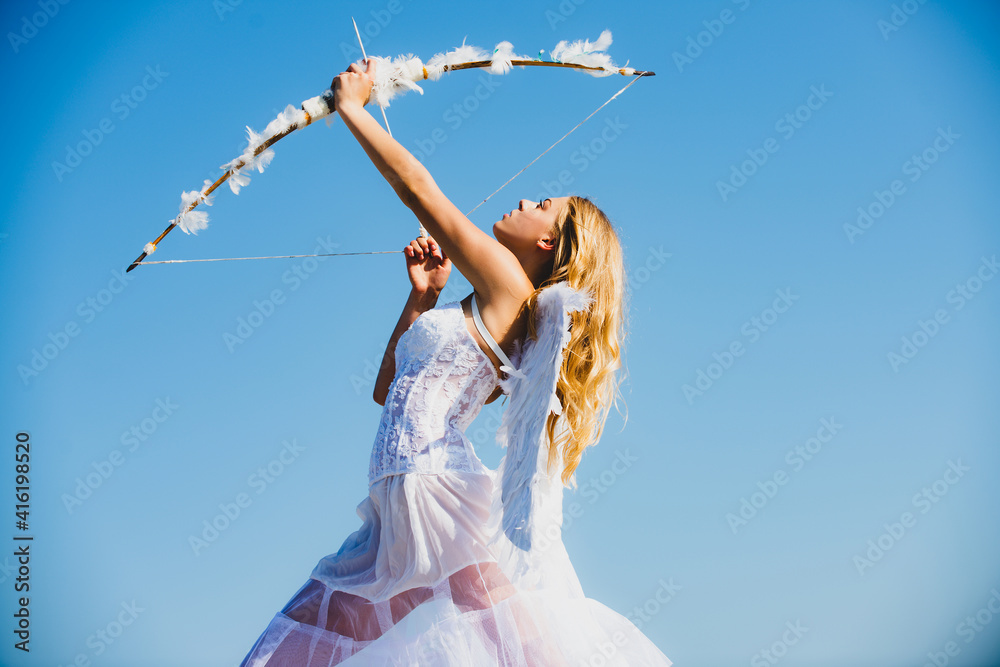 Naklejka premium Angel woman with white wings. Cupid bow and arrow. Sweet angelic girl. Valentines day.