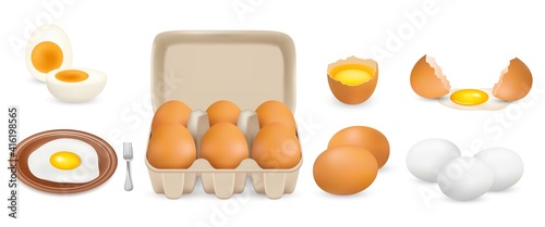 Canvastavla Raw, hard boiled, fried chicken eggs, vector isolated illustration