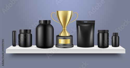 Black sport nutrition packaging container mockup set, vector illustration. Realistic blank plastic jar, doypack foil bag for whey protein, sport food supplements and vitamins.