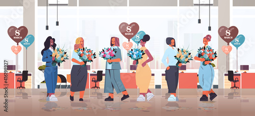 mix race businesswomen holding bouquets and air balloons womens day 8 march holiday celebration concept modern office interior full length horizontal vector illustration