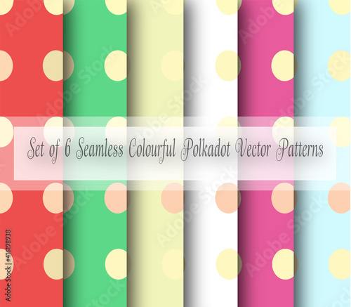 Set of 6 Seamless Colourful Polkadot Vector Patterns