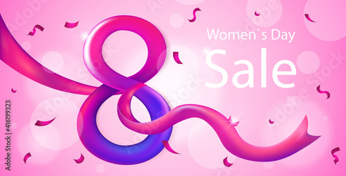 elegant eight number womens day 8 march holiday celebration banner flyer or greeting card with ribbon horizontal vector illustration