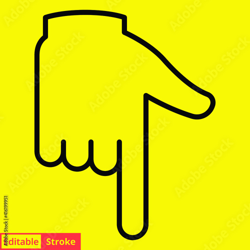 Backhand index pointing down line icon. Simple outline style. Hand, down, arrow, finger concept. Vector illustration isolated on yellow background. Editable stroke EPS 10