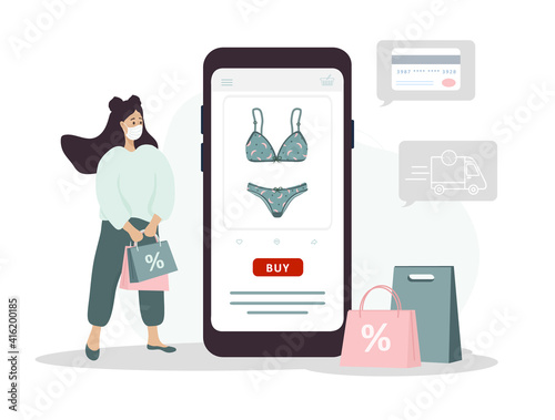 Online shopping on website or mobile app. Woman buys modern underwear at online lingerie store. The product catalog on the web browser page. Vector illustration in flat cartoon style.